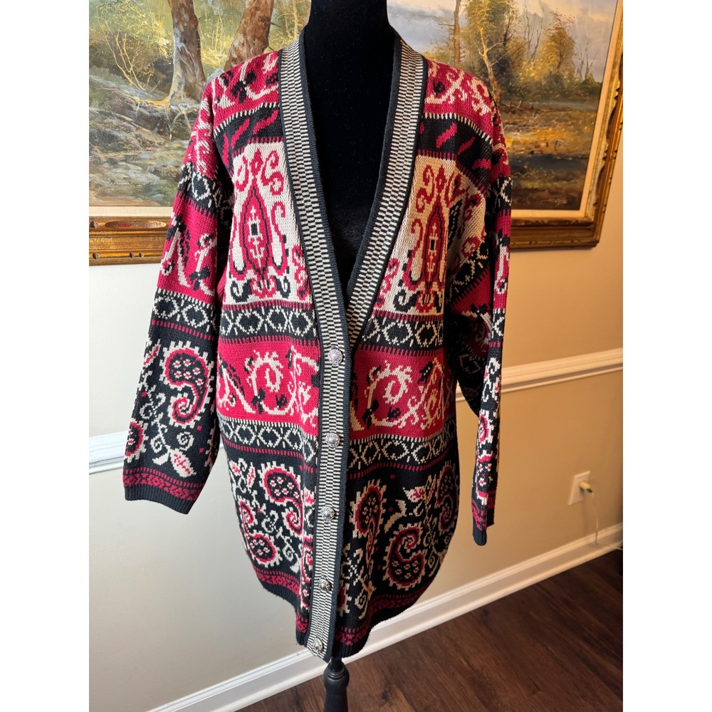 Southern Lady Vintage Red Black Paisley Intarsia Knit Cardigan Sweater Large USA